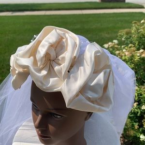 Vintage Satin ivory large roses bridal crown and veil headpiece